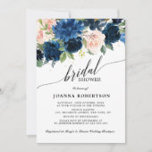 ネイビーブルー赤面ピンクローズボタニカルブライダルシャワー 招待状 (正面)