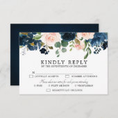 ネイビーブルー赤面ピンクローズボタニカル 出欠カード (正面/裏面)