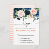 ネイビーブルー赤面ピンクローズボホウェディングRSVP 出欠カード (正面/裏面)