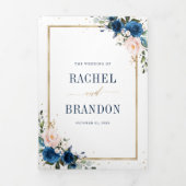 ネイビーブルー赤面ピンクローズボホジオメトリック結婚ス 三つ折り案内状 (カバー)