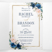 ネイビーブルー赤面ピンクローズボホジオメトリック結婚ス 三つ折り案内状 (内部中)