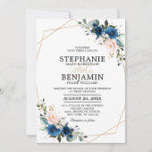 ネイビーブルー赤面ピンクローズボホジオメトリック結婚ス 招待状 (正面)