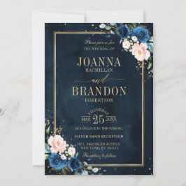 ネイビーブルー赤面ピンクローズボホジオメトリック結婚ス 招待状