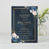 ネイビーブルー赤面ピンクローズボホジオメトリック結婚ス 招待状 (スタンド正面)