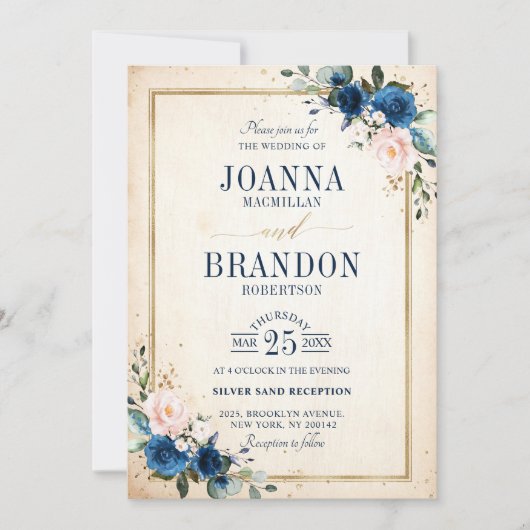 ネイビーブルー赤面ピンクローズボホジオメトリック結婚ス 招待状 (正面)