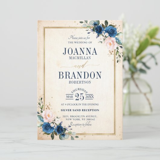 ネイビーブルー赤面ピンクローズボホジオメトリック結婚ス 招待状 (スタンド正面)