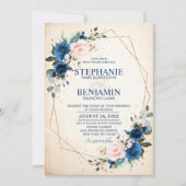 ネイビーブルー赤面ピンクローズボホジオメトリック結婚ス 招待状 (正面)