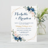 ネイビーブルー赤面ピンクローズボホジオメトリック結婚ス 招待状 (スタンド正面)