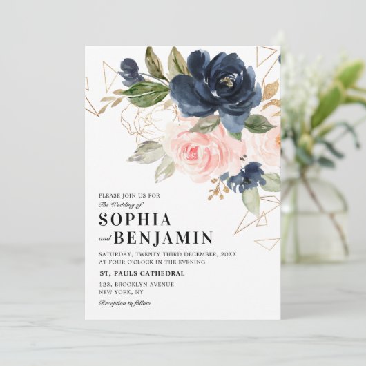 ネイビーブルー赤面ピンクローズボホジオメトリック結婚ス 招待状 (スタンド正面)