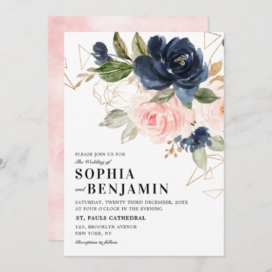 ネイビーブルー赤面ピンクローズボホジオメトリック結婚ス 招待状 (正面/裏面)