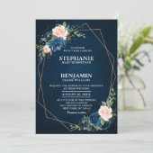 ネイビーブルー赤面ピンクローズボホジオメトリック結婚ス 招待状 (スタンド正面)