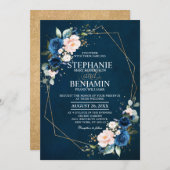 ネイビーブルー赤面ピンクローズボホジオメトリック結婚ス 招待状 (正面/裏面)