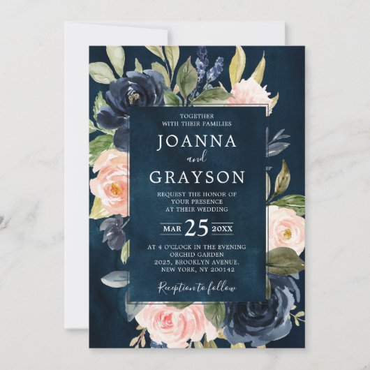 ネイビーブルー赤面ピンクローズボホジオメトリック結婚ス 招待状 (正面)