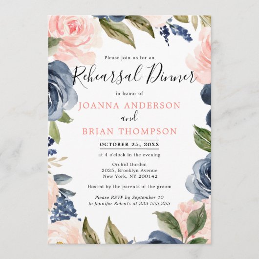ネイビーブルー赤面ピンクローズボホリハーサルディナー 招待状 (正面)