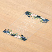 ネイビーブルー赤面ピンクローズボー結婚ホズ アクリル招待状 (レイダウン)