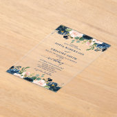 ネイビーブルー赤面ピンクローズボー結婚ホズ アクリル招待状 (レイダウン)