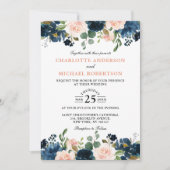 ネイビーブルー赤面ピンクローズボー結婚ホズ 招待状 (正面)