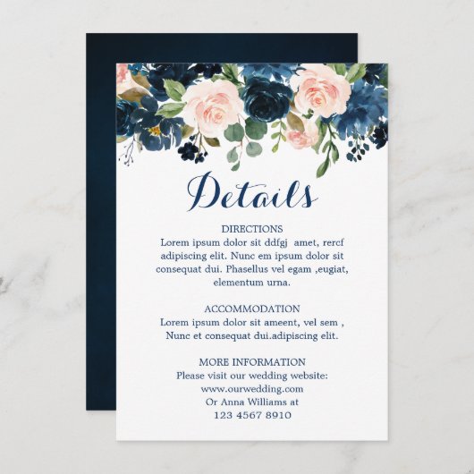 ネイビーブルー赤面ピンクローズボー結婚ホ詳細 エンクロージャーカード (正面/裏面)