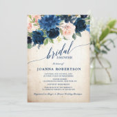 ネイビーブルー赤面ピンクローズ素朴ブライダルシャワー 招待状 (スタンド正面)