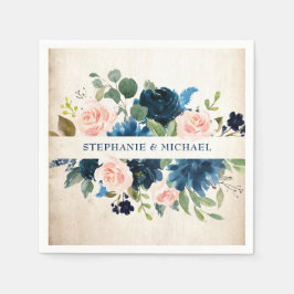 ネイビーブルー赤面ピンクローズ素朴ボホ結婚ズ スタンダードカクテルナプキン