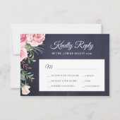 ネイビーブルー赤面ピンクローズ結婚シック 出欠カード (正面)