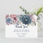 ネイビーブルー赤面ピンクローズ結婚ズサンキューカード 招待状 (スタンド正面)