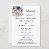 ネイビーブルー赤面ピンクローズ結婚ズリハーサルディナー 招待状 (正面)