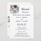 ネイビーブルー赤面ピンクローズ結婚ズリハーサルディナー 招待状 (正面/裏面)