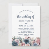 ネイビーブルー赤面ピンクローズ結婚ズ 招待状 (正面)