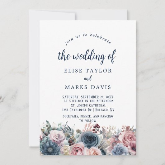 ネイビーブルー赤面ピンクローズ結婚ズ 招待状 (正面)