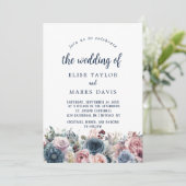 ネイビーブルー赤面ピンクローズ結婚ズ 招待状 (スタンド正面)