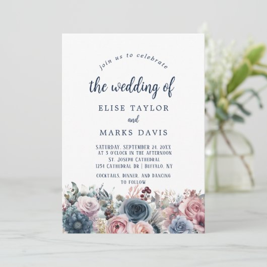 ネイビーブルー赤面ピンクローズ結婚ズ 招待状 (スタンド正面)