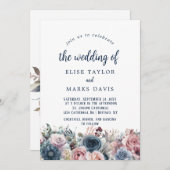 ネイビーブルー赤面ピンクローズ結婚ズ 招待状 (正面/裏面)