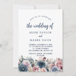 ネイビーブルー赤面ピンクローズ結婚ズ 招待状