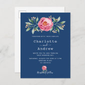ネイビーブルー赤面ピンクローズ金ゴールドフローラ結婚ズ ポストカード (正面/裏面)