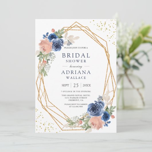 ネイビーブルー赤面ピンクローゼジオメトリックブライダルシャワー 招待状 (スタンド正面)