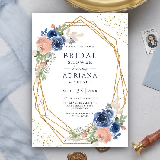 ネイビーブルー赤面ピンクローゼジオメトリックブライダルシャワー 招待状