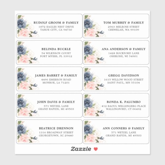 ネイビーブルー赤面ピンク結婚フローラズゲストアドレス シール (シート)