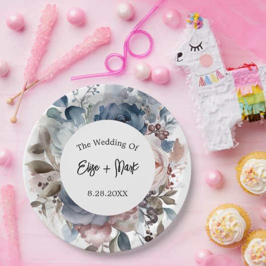 ネイビーブルー赤面ピンク結婚フローラ ペーパープレート (パーティー)