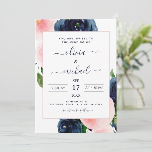 ネイビーブルー赤面ピンク結婚フローラ 招待状 (スタンド正面)