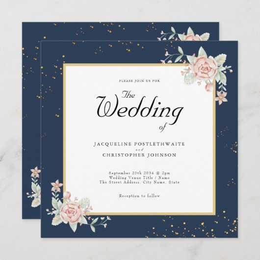 ネイビーブルー赤面ピンク結婚式招待状 招待状 (正面/裏面)