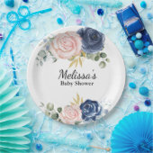 ネイビーブルー赤面ピンク花模様カスタム ペーパープレート (パーティー)