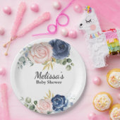 ネイビーブルー赤面ピンク花模様カスタム ペーパープレート (パーティー)