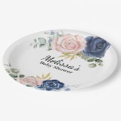 ネイビーブルー赤面ピンク花模様カスタム ペーパープレート (アングル)