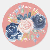 ネイビーブルー赤面ピンク花模様カップケーキトッパー ラウンドシール (正面)