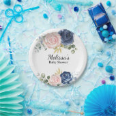 ネイビーブルー赤面ピンク花模様デザート ペーパープレート (パーティー)