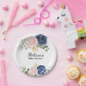 ネイビーブルー赤面ピンク花模様デザート ペーパープレート (パーティー)