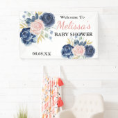 ネイビーブルー赤面ピンク花模様歓迎の背景 横断幕 (インサイチュ)