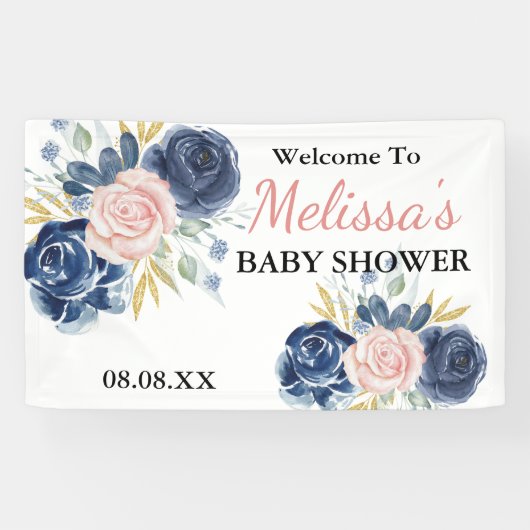 ネイビーブルー赤面ピンク花模様歓迎の背景 横断幕 (横)