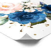 ネイビーブルー赤面ピンク花模様結婚ズウェルカム ポスター (角)